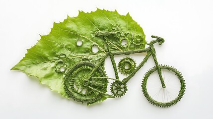 Obraz premium Leaf Crafted into a Bicycle with Gear Patterns, Promoting Green Transportation and Fitness