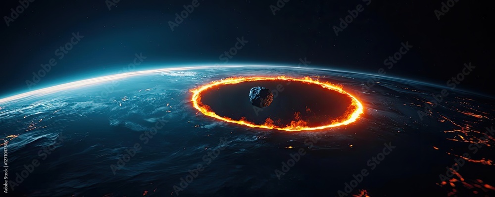 Poster asteroid impact idea. a stunning view of earth's atmosphere illuminated by fiery rings.