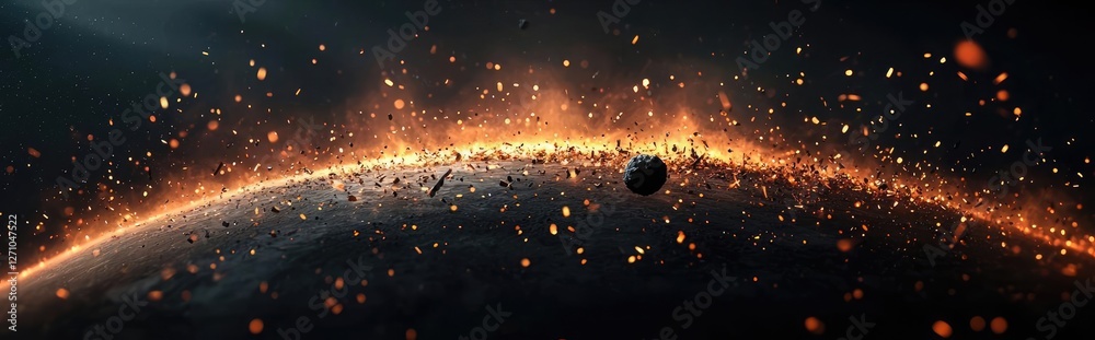 Poster asteroid impact idea. stunning cosmic scene depicting a planet surrounded by glowing particles and l