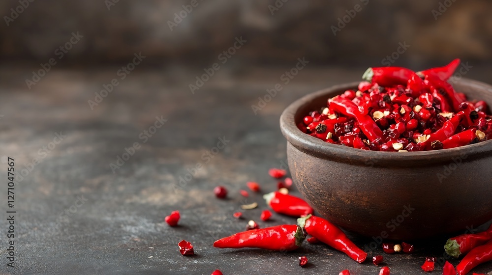Poster vibrant spices in a rustic bowl featuring dried red chilies and pink peppercorns on a dark textured 
