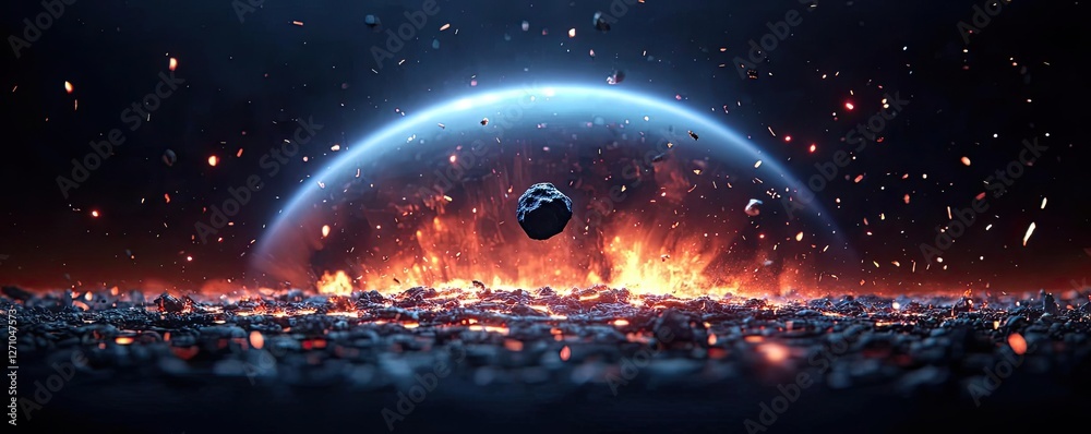 Poster asteroid impact idea. a surreal cosmic scene depicting a planet amidst fiery chaos and stellar eleme