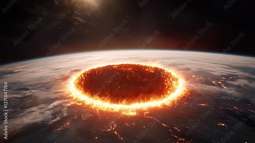 Poster asteroid impact idea. a stunning view of a fiery ring surrounding earth, illustrating cosmic dynamic