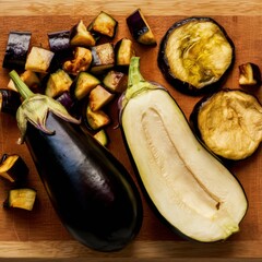 Eggplant Preparation: Whole, Halved & Sliced Wood