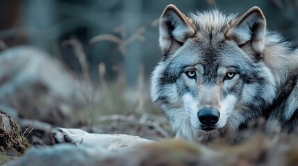 Obraz premium Majestic wolf resting in a natural setting showcasing its intense gaze and wild fur textures : Generative AI