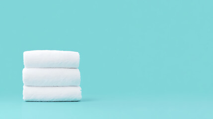 A neat stack of three white fluffy towels on a light turquoise background.