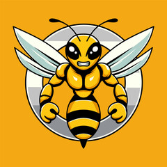 A cartoon bee with an angry expression, displayed within a shield-shaped design against a bright orange background. Suitable for esport logo