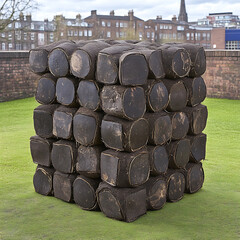 Stacked soil blocks form a cube on green grass set against a backdrop of buildings under a cloudy sky.