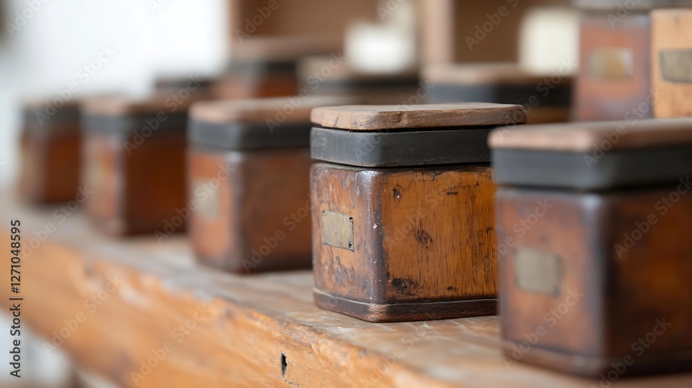 Poster Vintage wooden containers arranged neatly on a rustic table showcasing aged craftsmanship and timeless design : Generative AI