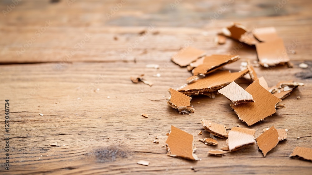 Poster piles of brown paint chips scattered on a weathered wooden table emphasizing rustic charm and artist