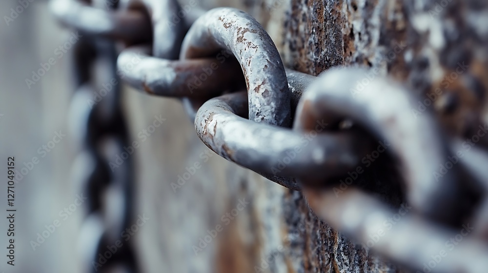 Poster closeup view of a rusted metal chain linking together showcasing textures and the passage of time : 