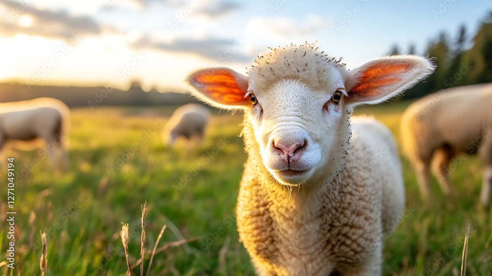 Poster cute young lamb with fluffy wool enjoying the warmth of a sunny meadow : generative ai