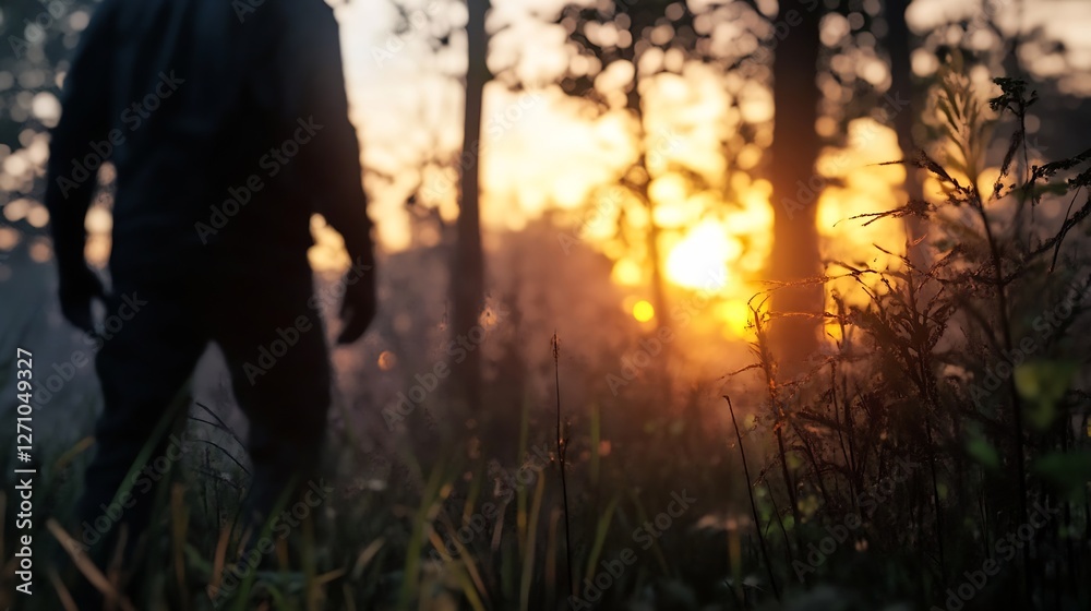 Poster silhouette of a person standing in a misty forest at sunset with glowing sunlight : generative ai