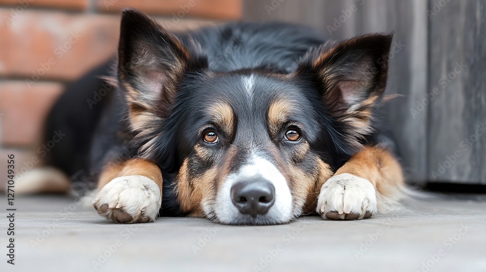 Poster Close up of a calm and relaxed dog resting on the ground with expressive eyes capturing a moment of tranquility : Generative AI