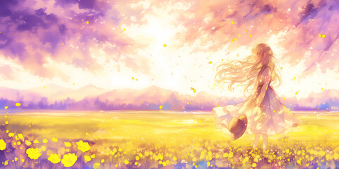 風に髪を靡かせる女性。水彩画。イラスト。挿絵。背景素材。