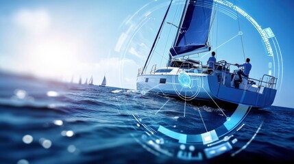 Sailing adventure with advanced navigation technology ocean digital art sunny day aerial view innovation at sea