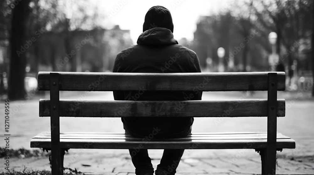Aufkleber man in hoodie sitting on a bench gazing into the distance in a park setting : generative ai