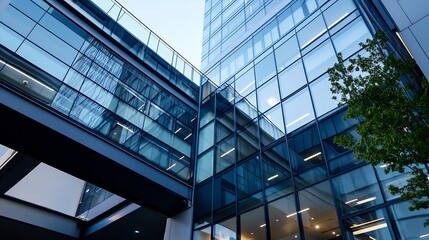 Architectural perspective of a contemporary building featuring glass and greenery in an urban setting : Generative AI