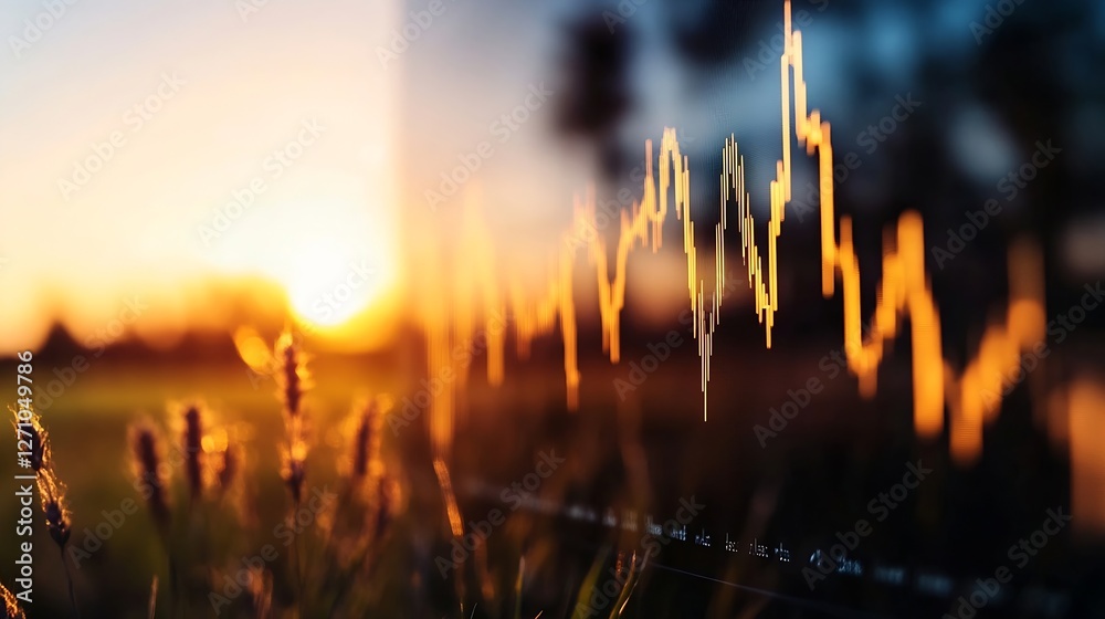 Poster stock market graph visualization showing rising trends against a beautiful sunset background : gener