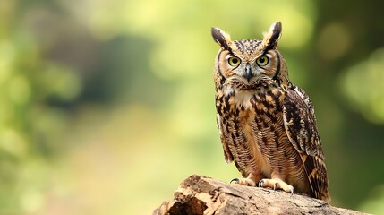 Fototapeta premium Majestic owl perched on a log with a natural blurred background showcasing its keen gaze : Generative AI