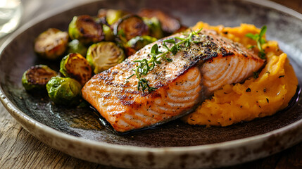 Salmon fillet with mashed sweet potatoes and Brussels sprouts, plated for a delicious and healthy meal.
