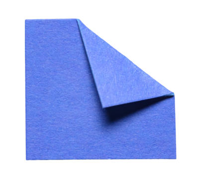 Blue square isolated cut out blank paper note cardboard with folded corner dog-ear earmark and copy space for text, transparent png background design element