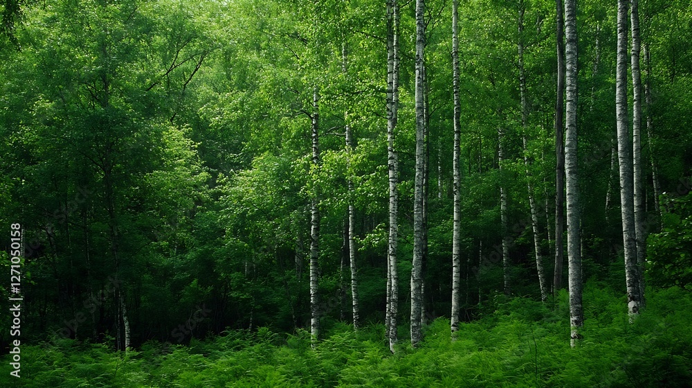 Poster Lush green forest with tall birch trees creating a tranquil and serene atmosphere : Generative AI