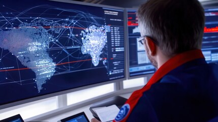 Cybersecurity operations overview global control center data analysis high-tech environment close-up view cyber defense strategy