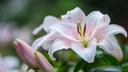 Fototapeta premium Delicate pink lilies with raindrops showcasing natural beauty and elegance after rain : Generative AI