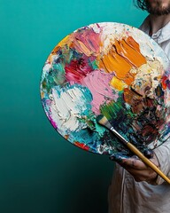Fototapeta premium Artist with brush and palette of paint on plain colored background. space for text.