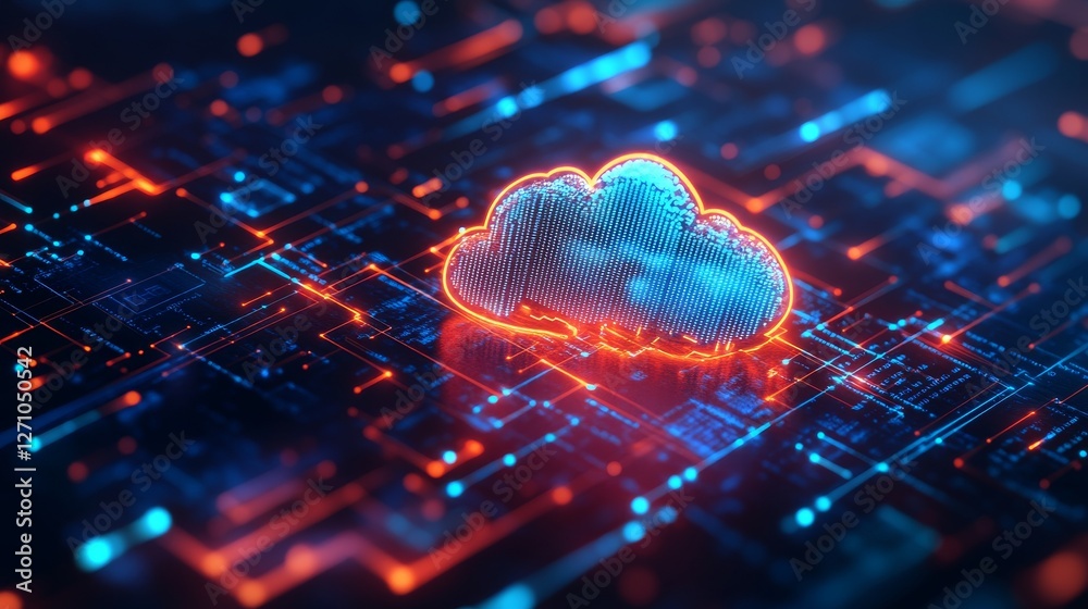 Poster icon representing cloud-based server communication within hosting infrastructure for digital technol