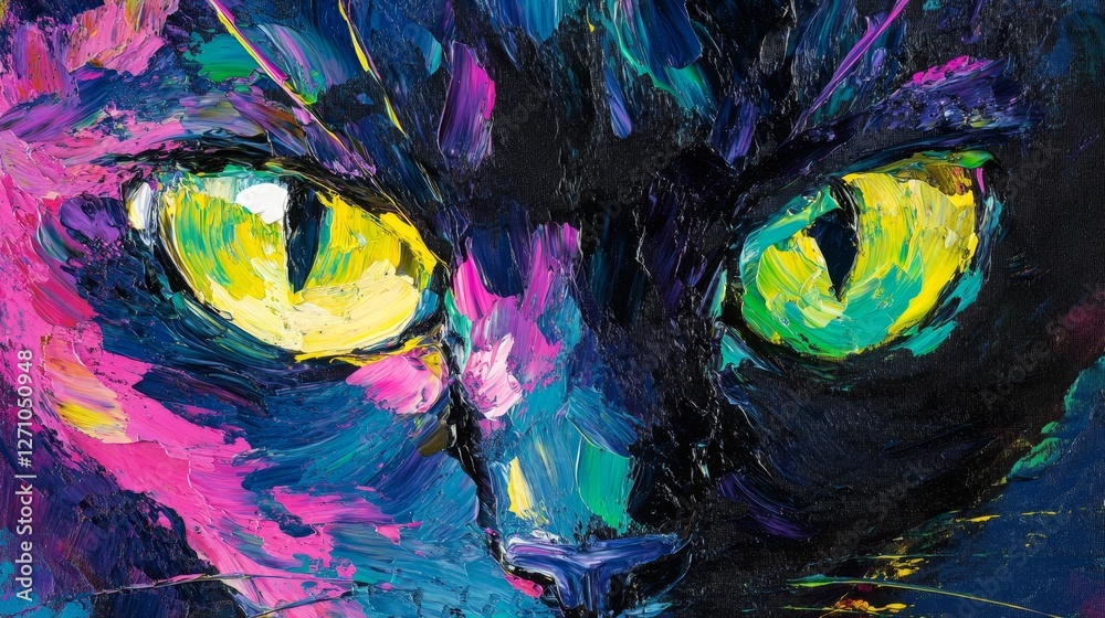 Wall mural Vibrant abstract cat portrait, bold colorful feline closeup, striking yellow eyes, expressive artistic brushstrokes