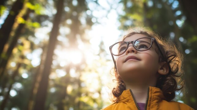 Myopia prevention with a child wearing glasses exploring the outdoors. Adventure, wellness, and eye health