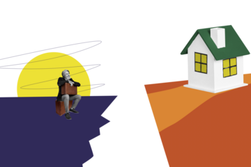 Trend artwork composite image 3D photo collage of building residential house cottage relocation realtor aged man sit edge cliff look home