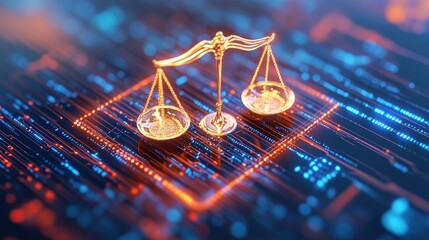 Golden scales of justice on a digital interface, symbolizing law and technology, futuristic and professional atmosphere, copy-space available.
