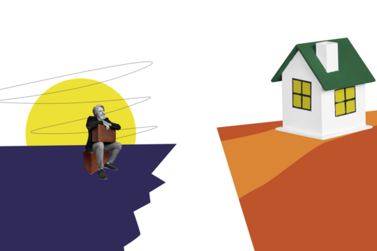 Trend artwork composite image 3D photo collage of building residential house cottage relocation realtor aged man sit edge cliff look home