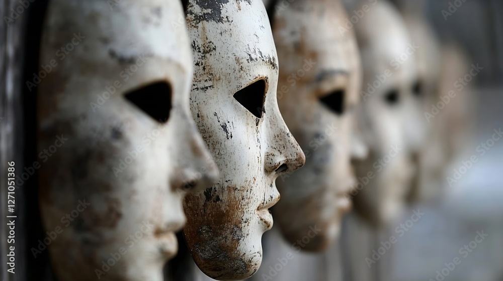 Poster Intriguing Row of Artistic Masks Capturing Emotion and Culture in Unique Way : Generative AI