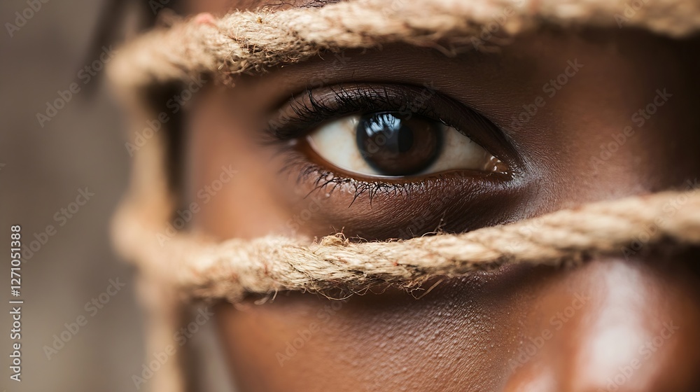 Poster CloseUp of Eye Captured with Rope Symbolizing Restraint and Inner Strength : Generative AI
