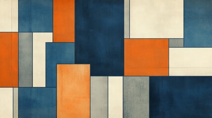 Fototapeta premium Geometric Abstract Art Print, Mid Century Modern Wall Decor, Blue Orange Beige Blocks, Contemporary Art