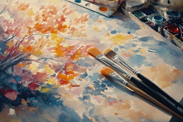 Obraz premium Photograph of gouache and watercolor with a set of brushes in an art studio. Oil paints are smeared on the palette. Soft light. Small depth of field.