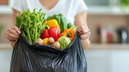 Home cook holding a bag of fresh groceries, vibrant fruits and vegetables ready for meal preparation in cozy kitchen.