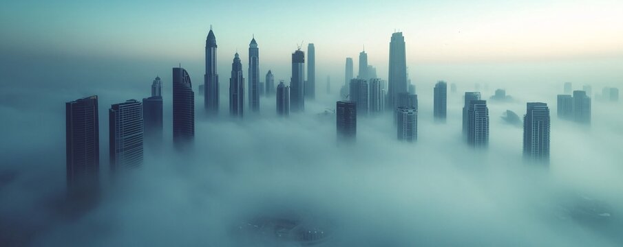 A futuristic mega-city with flying cars and towering skyscrapers shrouded in mist