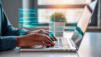 Hands Typing on Laptop with Digital Code Overlay in Modern Office Setting