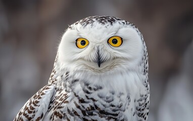 A snowy owl gazing intensely with piercing yellow eyes