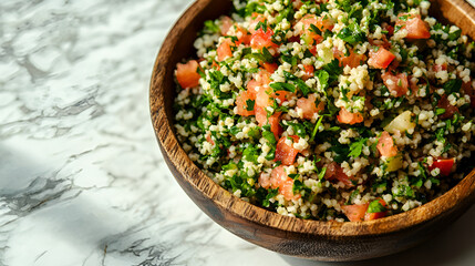 Fresh tabbouleh salad in a wooden bowl, showcasing vibrant colors and textures on a marble countertop.