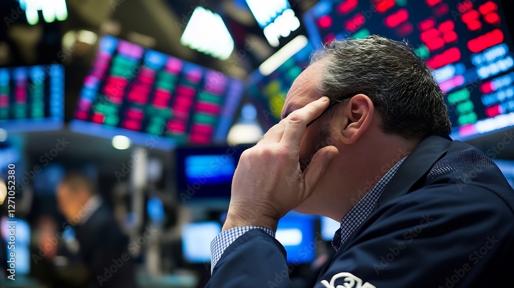 Poster concentrated stock trader analyzing market trends on bright digital displays in a trading room : gen