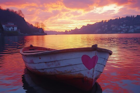 A serene sunset view over a tranquil lake with a lonely boat adorned with a heart symbol