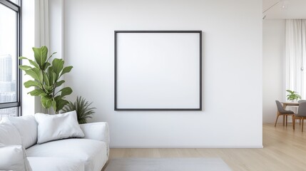 Modern living room scene, stylish white couch with a blank frame on the wall, cozy atmosphere, ideal for decor ideas.
