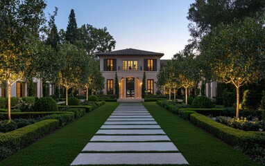 Obraz premium A symmetrical garden with precisely trimmed hedges and a smooth lawn