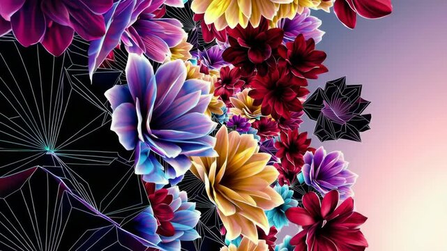 Vibrant digital flowers morph into geometric patterns. Nature with technology. Abstract floral background