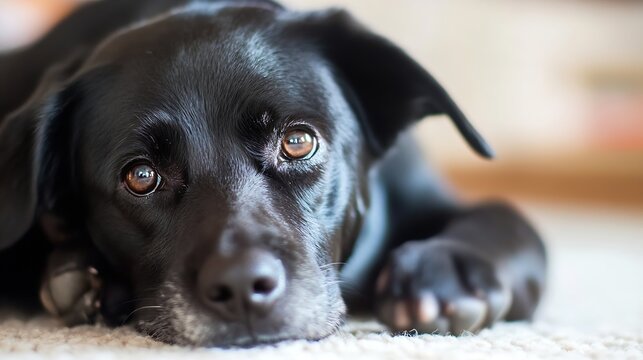 Close up view of a black dog lying on a soft carpet with expressive eyes creating an emotional connection : Generative AI
